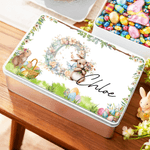 Personalised Butterfly Flower Cute Bunny Easter Biscuit Tin Box with Name and Initial Easter Party Gift for Children