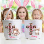 Personalised Cute Cross Praying Bunny Large Capacity Canvas Easter Basket with Name Easter Party Gift for Boys Girls