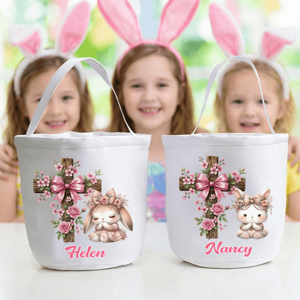 Personalised Cute Cross Praying Bunny Large Capacity Canvas Easter Basket with Name Easter Party Gift for Boys Girls