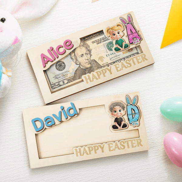 Personalised Cartoon Character  Wooden Money Holder with Name and Initial Holiday Party Favors Easter Gift for Kids