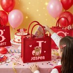 Personalised Plaid Teddy Bear Heart Design Large Jute Tote Bag with Name Daily Use Valentine's Day Birthday Gift for Couples Kids