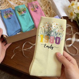 Personalised Multicolour Birth Flower Soft Mid-Calf Socks with Name and Year Birthday Anniversary Gift for Family Friend