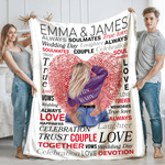 Personalised Cartoon Character Heart Fingerprint Vow Word Cloud Soft Throw Blanket with Couple Name Home Decor Valentine's Day Gift for Couple