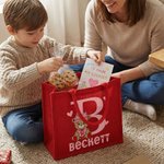 Personalised Plaid Teddy Bear Heart Design Large Jute Tote Bag with Name Daily Use Valentine's Day Birthday Gift for Couples Kids