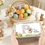 Personalised Butterfly Flower Cute Bunny Easter Biscuit Tin Box with Name and Initial Easter Party Gift for Children