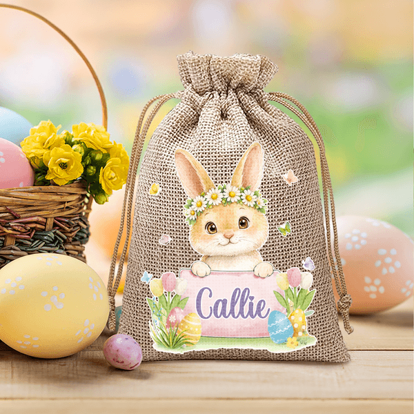 Personalisierte Blume Kreis Cartoon Hochland Kuh Ostern Hase Drawstring Süßigkeiten Tasche mit Namen Ostern Geschenk für Kinder