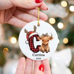 Personalized Highland Cow Christmas Initial Ceramic Ornament with Name and Year Home Decor Christmas Gift for Highland Cow Lover Family Friend