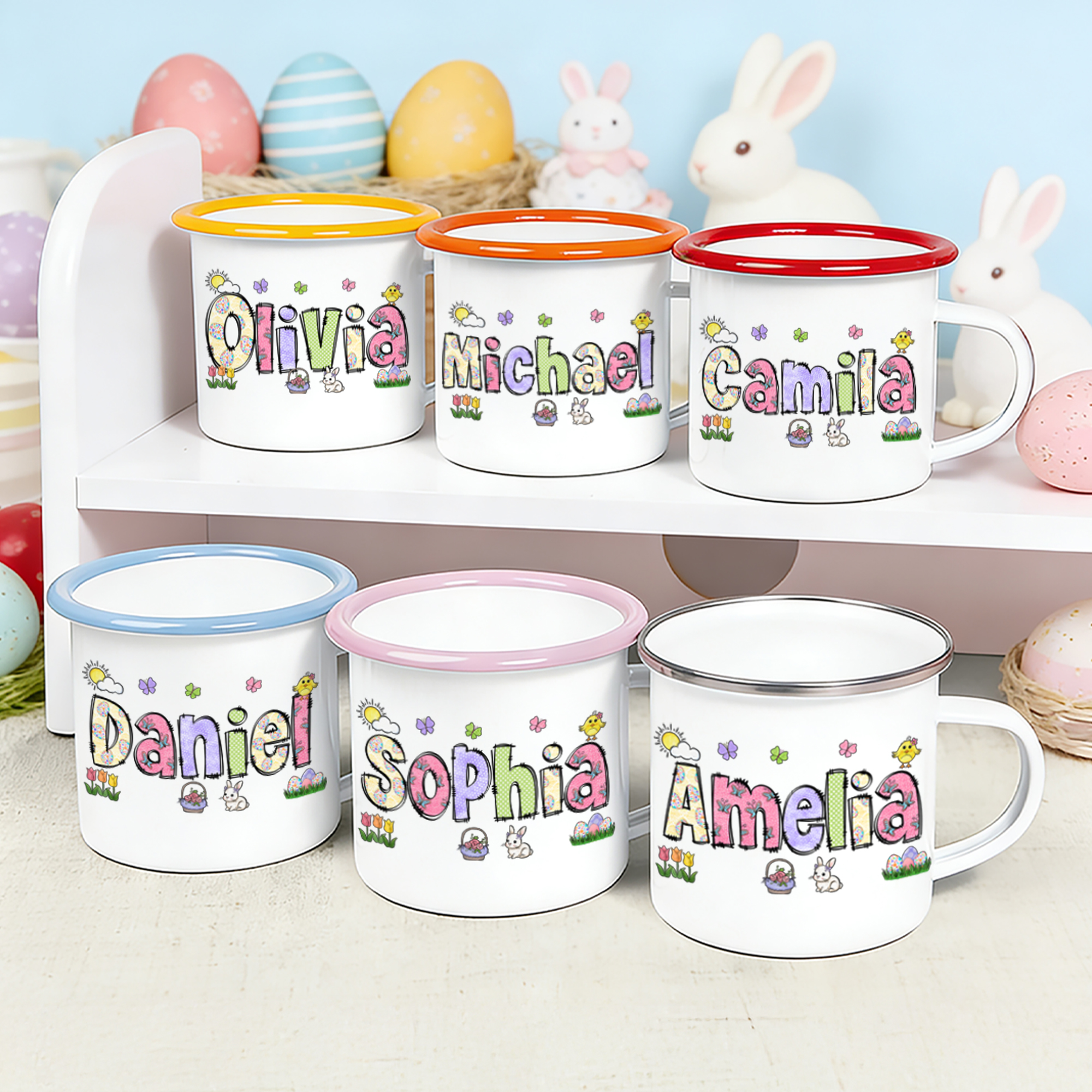Mug émaillé personnalisé Papillon Lapin Oeuf de Pâques 12 oz avec nom coloré Cadeau de Pâques pour garçons filles