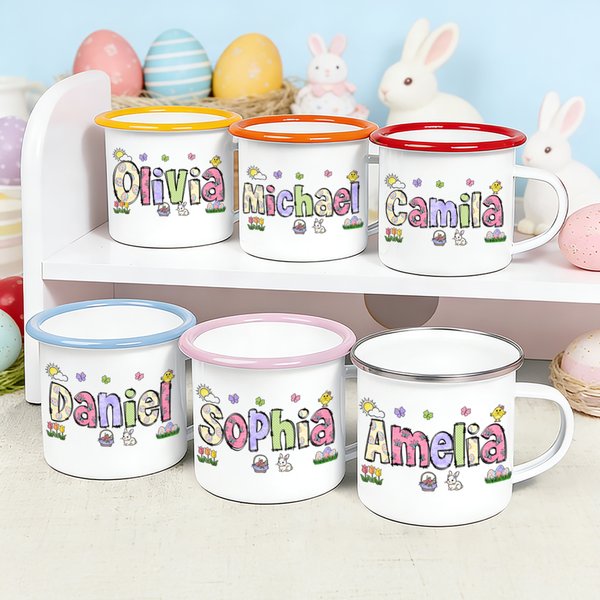 Personalisierte Schmetterling Kaninchen Osterei 12 oz Emaille Becher mit bunten Namen praktische Trinkgeschirr Ostern Geschenk für Jungen Mädchen
