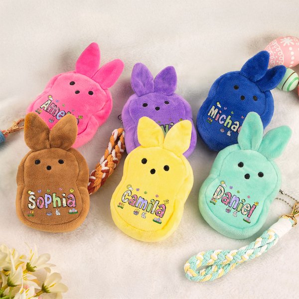 Personalised Macaron Colour Cute Bunny Plush Coin Handbag Wallet with Name and Wrist Strap Easter Basket Stuffers Easter Party Favor Gift for Kids