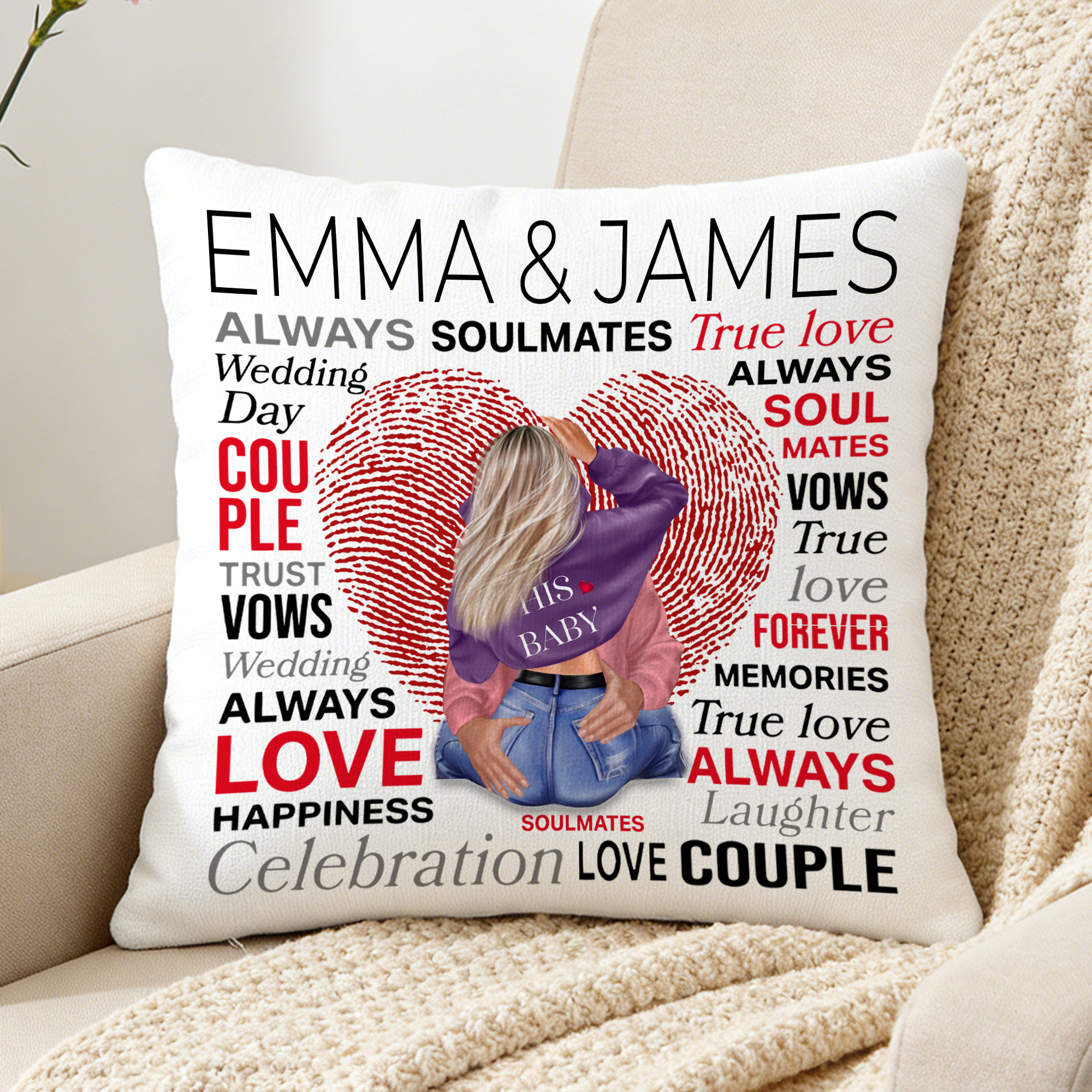 Taie d'oreiller personnalisée en forme d'empreinte digitale et de personnage de dessin animé avec noms Cadeau d'anniversaire de Saint-Valentin pour couple