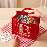 Personalised Plaid Teddy Bear Heart Design Large Jute Tote Bag with Name Daily Use Valentine's Day Birthday Gift for Couples Kids