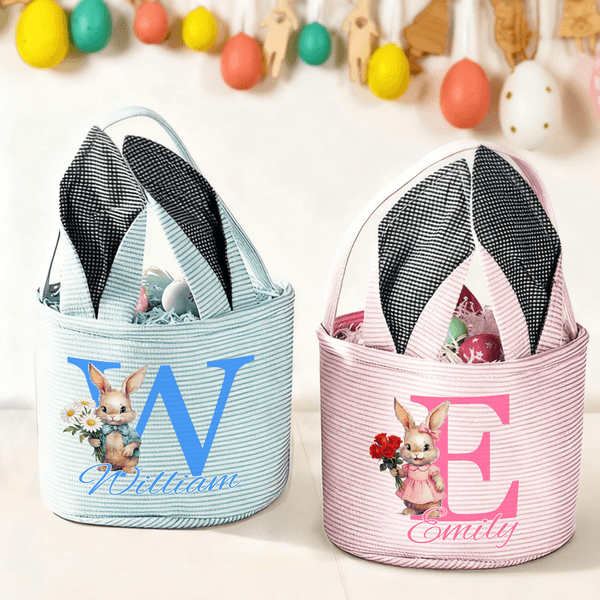 Personalized Cute Peter Rabbit Birth Flower Easter Basket with Name and Initial Easter Party Gift for Boys Girls