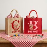 Personalised Plaid Teddy Bear Heart Design Large Jute Tote Bag with Name Daily Use Valentine's Day Birthday Gift for Couples Kids