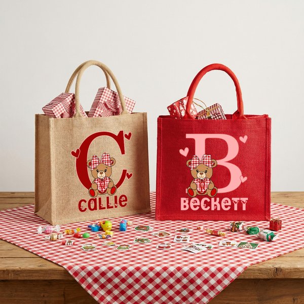 Personalised Plaid Teddy Bear Heart Design Large Jute Tote Bag with Name Daily Use Valentine's Day Birthday Gift for Couples Kids