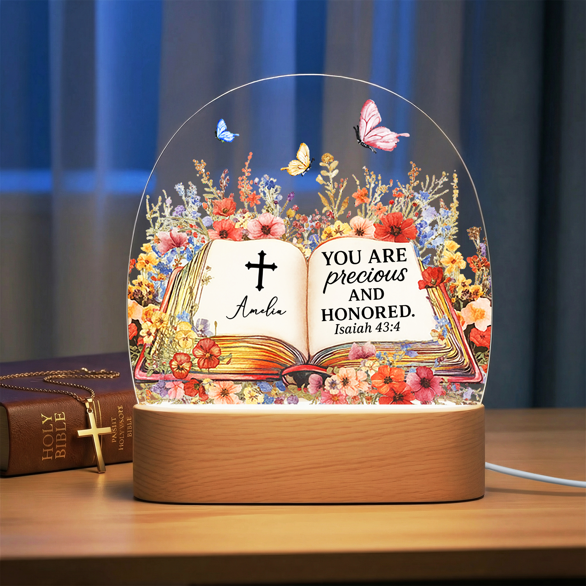 Veilleuse LED personnalisée avec nom et socle en bois Cadeau d'anniversaire chrétien pour enfant chrétien