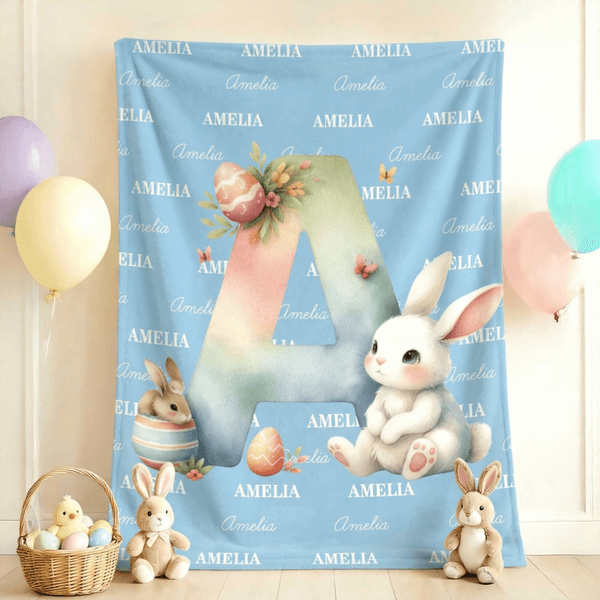 Personalized Cute Easter Bunny Egg Soft Throw Blanket with Name and Initial Home Decor Easter Party Gift for Kids
