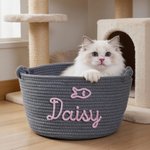 Personalized Paw Print Cotton Woven Dog Cat Toy Storage Basket with Name Pet Birthday Adoption Anniversary Gift for Pet Owner