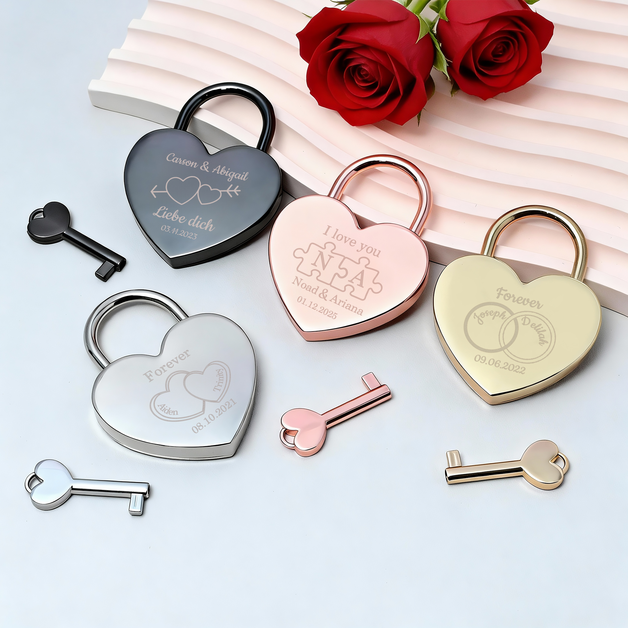 Set de clés de cadenas personnalisé avec texte et date gravés Cadeau de Saint-Valentin pour les couples