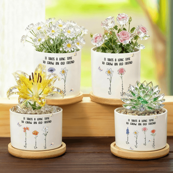 Personalized 1-5 Crystal Birth Flowers Butterfly Ceramic Planter Pot with Name and Bamboo Base Home Decor Anniversary Birthday Gift for Family Friends