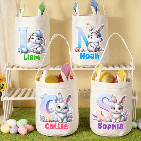 Personalized Cute Bunny Easter Egg Bunny Ears Basket with Name and Initial Egg Hunting Party Easter Gift for Boys Girls