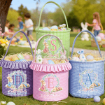 Personalized Cute Wreath Bunny Plaid Easter Basket with Name and Initial Easter Eggs Hunting Easter Day Gift for Boys Girls