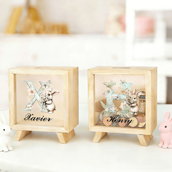 Personalized Floral Cartoon Bunny Wooden Clear Money Box Piggy Bank with Name and Initial Easter Gift for Boys and Girls