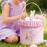 Personalized Cute Wreath Bunny Plaid Easter Basket with Name and Initial Easter Eggs Hunting Easter Day Gift for Boys Girls