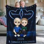 Couverture douce double cœur personnalisée avec personnages de dessin animé noms et année - Cadeau Saint-Valentin anniversaire pour couple