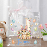Personalized Pink Bow Ribbon Colorful Easter Eggs Rabbit Chicks Clear Gift Bag with Name and Initial Easter Party Favors Gift for Kids