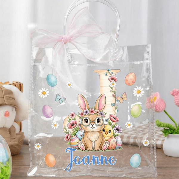 Personalized Pink Bow Ribbon Colorful Easter Eggs Rabbit Chicks Clear Gift Bag with Name and Initial Easter Party Favors Gift for Kids