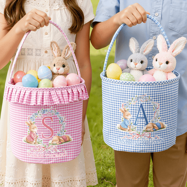 Personalized Cute Wreath Bunny Plaid Easter Basket with Name and Initial Easter Eggs Hunting Easter Day Gift for Boys Girls