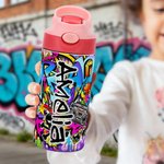 Personalisierte Graffiti Stil 12 oz isoliert Kind Wasserflasche mit Namen und Stroh zurück zu Schule Geburtstag Geschenk für Jungen Mädchen
