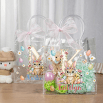 Personalized Pink Bow Ribbon Colorful Easter Eggs Rabbit Chicks Clear Gift Bag with Name and Initial Easter Party Favors Gift for Kids
