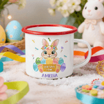 Personalized God Says I Am Cute Easter Bunny 12 oz Colored Rim Enamel Mug with Name Easter Birthday Gift for Boys Girls