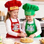 Personalized Cute Bunny Initial Adjustable Kid Apron Chef Hat Set with Name and Pocket Cooking Accessory Easter Gift for Boys Girls