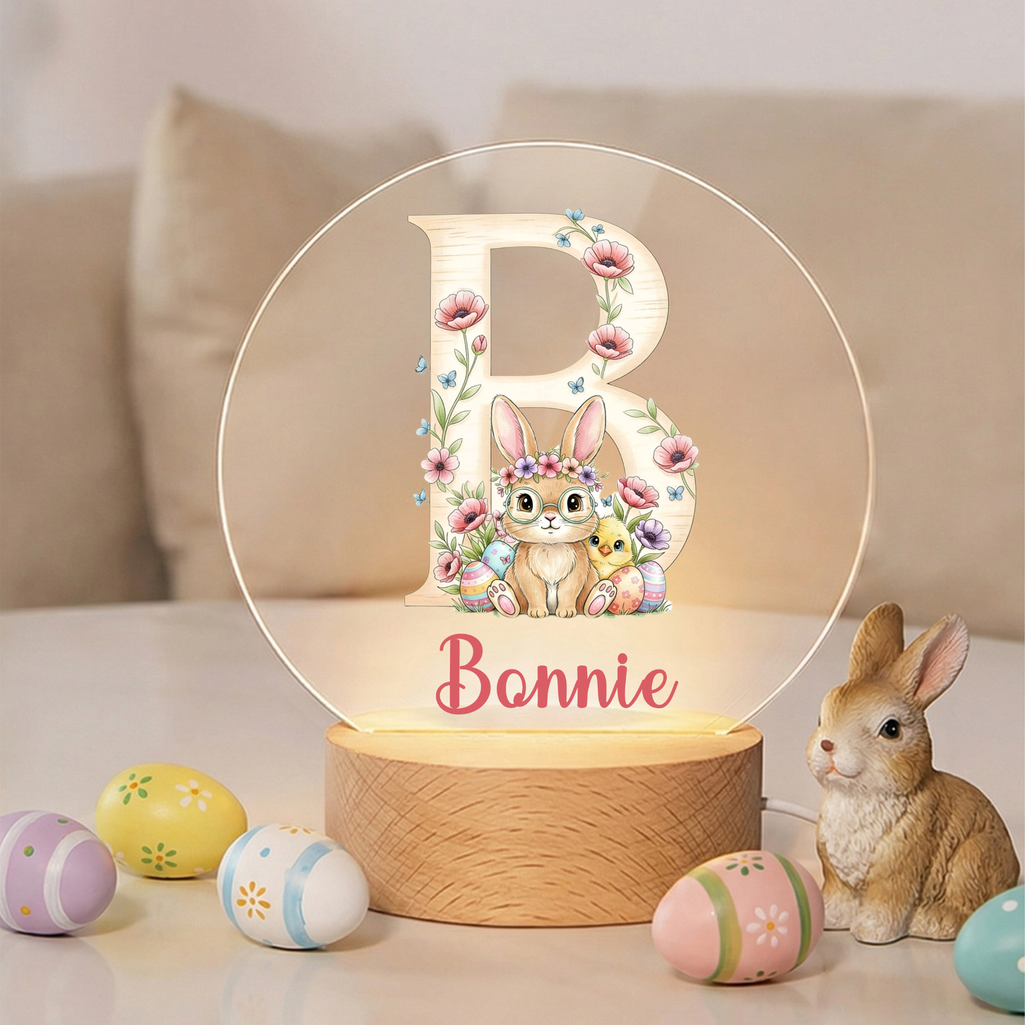 Veilleuse LED en acrylique avec nom et socle en bois personnalisée Lapin floral initial Décoration de la chambre d'enfant Cadeau d'anniversaire de Pâques pour les enfants