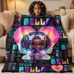 Personalized Heart Shape Cute African Girl Soft Throw Blanket with Name Back-To-School Birthday Gift for Girls