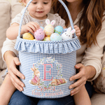 Personalized Cute Wreath Bunny Plaid Easter Basket with Name and Initial Easter Eggs Hunting Easter Day Gift for Boys Girls