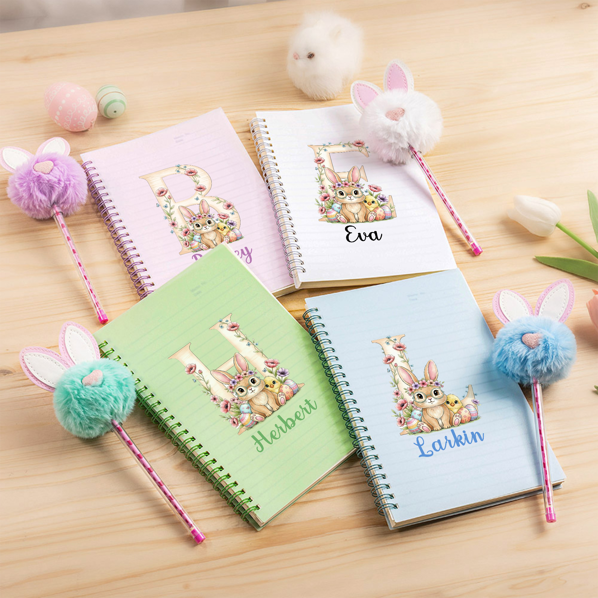 Cahier à spirales et parure de stylos Pom Puff avec nom Cadeau de Pâques pour garçons et filles