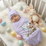 Personalisierte niedlichen Blumenstrauß Hase 100% Baumwolle wickeln Decke und Hut Set mit Namen Ostern Geburtstag Baby Dusche Geschenk für Neugeborene Babys