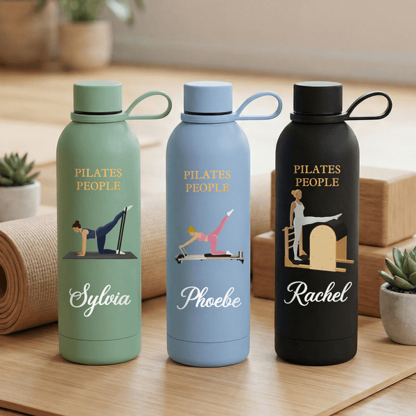 Personalized Name Cartoon Pilates Character Water Bottle, Stainless Steel Water Cup with Handle, Sports Accessory, Birthday Gift for Pilates Lovers