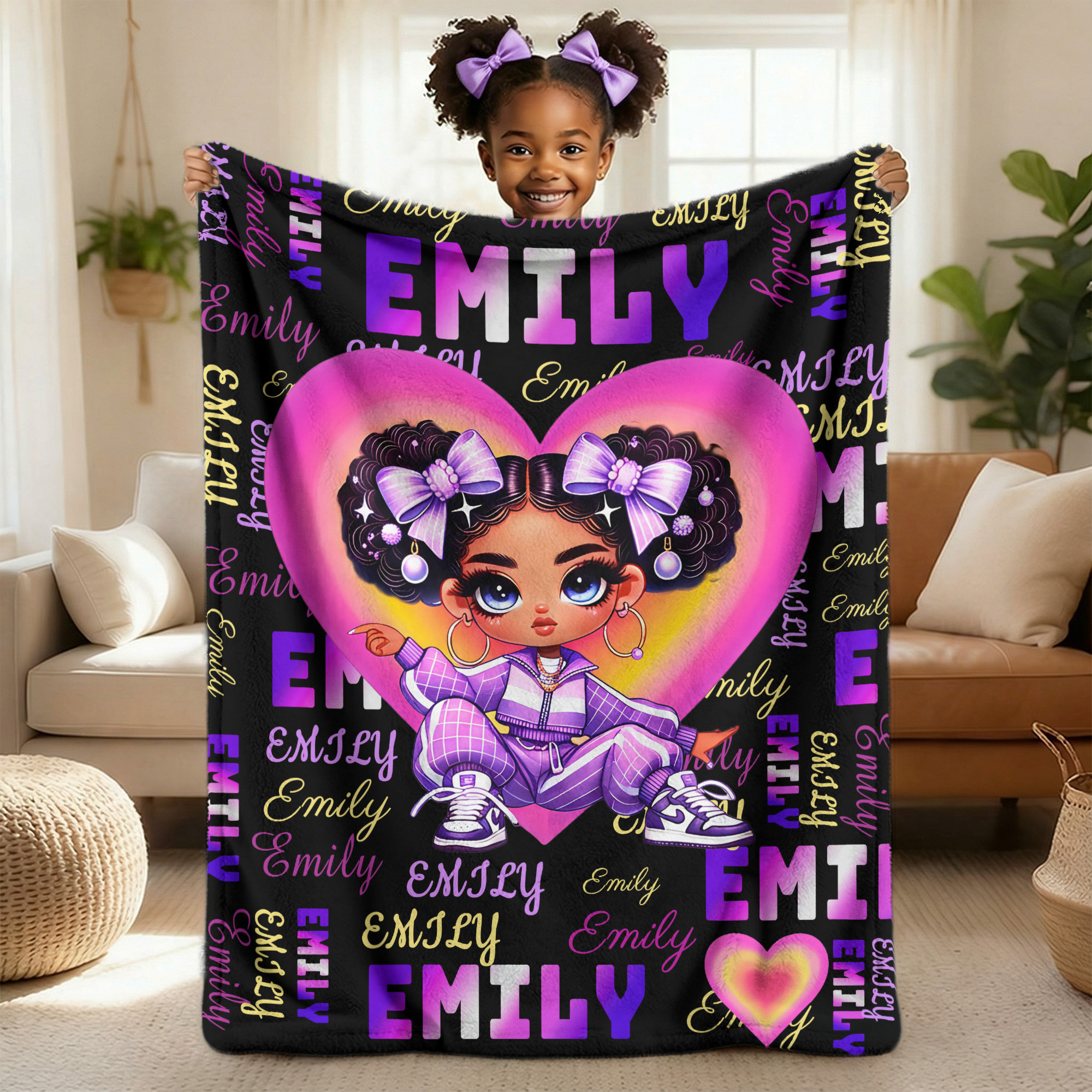 Couverture personnalisée en forme de coeur pour fille africaine avec nom Cadeau d'anniversaire de rentrée scolaire pour fille