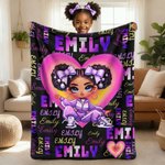 Personalized Heart Shape Cute African Girl Soft Throw Blanket with Name Back-To-School Birthday Gift for Girls
