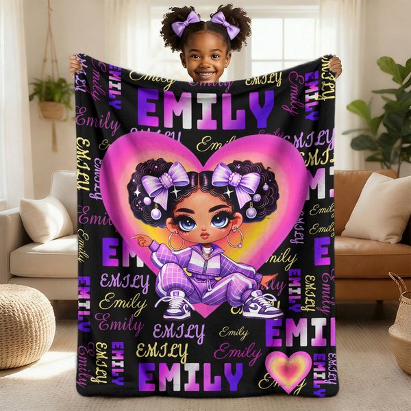 Personalised Heart Shape Cute African Girl Soft Throw Blanket with Name Back-To-School Birthday Gift for Girls