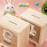 Personalised Floral Cartoon Bunny Wooden Clear Window Money Box Piggy Bank with Name and Initial Easter Gift for Boys and Girls