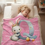 Personalized Cute Easter Bunny Egg Soft Throw Blanket with Name and Initial Home Decor Easter Party Gift for Kids