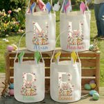 Cesta de Pascua de Conejo con Orejas de Conejito Personalizada con Nombre e Inicial Huevos de Caza Regalo de Pascua para Niños