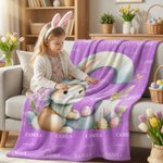 Personalized Cute Easter Bunny Egg Soft Throw Blanket with Name and Initial Home Decor Easter Party Gift for Kids
