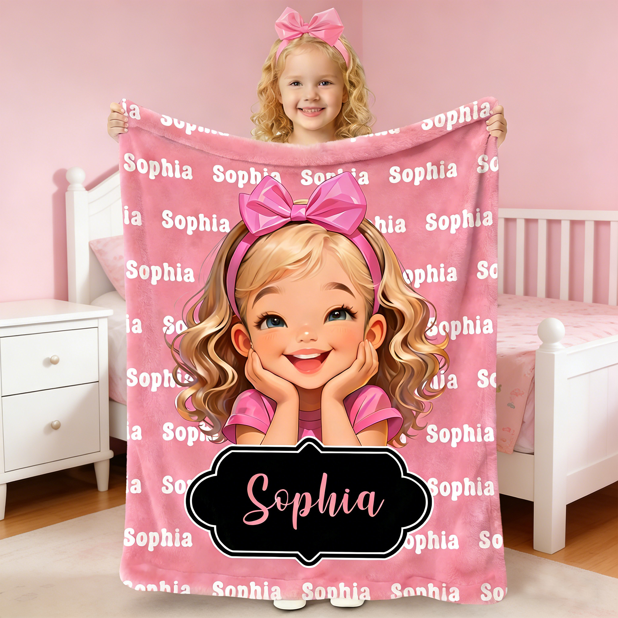 Personnalisé Multicolore Cartoon Girl Character Soft Throw Blanket with Name Home Decor Birthday Gift for Girls